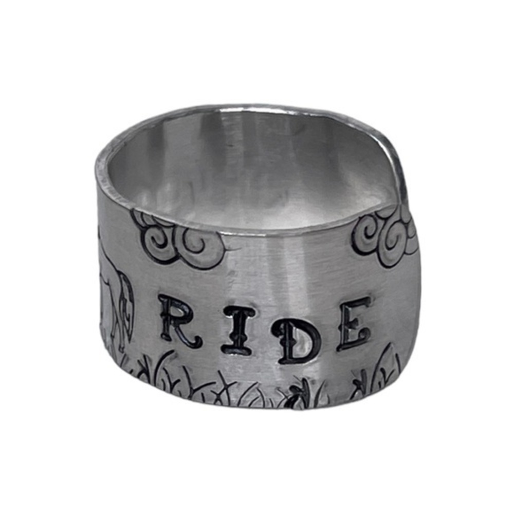 Handmad 9/10 stamped Just Ride Horse scene silver adjustable wide‎ cuff ring - Picture 6 of 7